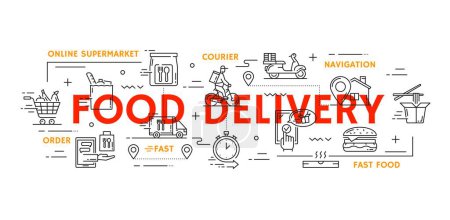 Illustration for Food delivery. Catering meal transportation, pizza courier service or grocery products shipment line vector poster. Fast food delivery concept with shopping cart, van car and scooter, stopwatch, house - Royalty Free Image