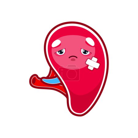 Illustration for Cartoon sick spleen character, injured unhealthy human organ, isolated vector. Sad spleen with medical patch, body digestion system disease or unhealthy illness and infection of spleen organ - Royalty Free Image