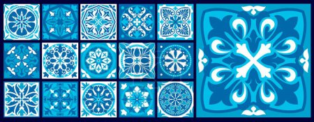 Téléchargez les illustrations : Motifs de tuiles marocaines et azulejo, majolique, Talavera ou ornement damassé, décors vectoriels. Modèles de tuiles d'ornement de mosaïque portugaise, azulejo céramique méditerranéenne ou motif ottoman marocain - en licence libre de droit