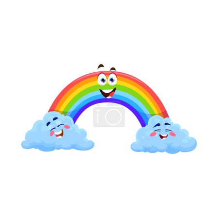 Illustration for Cartoon rainbow weather character. Isolated vector cheerful, whimsical blue fluffy clouds with smiling faces and colorful arch with vibrant hues and mischievous expression. Children book personages - Royalty Free Image
