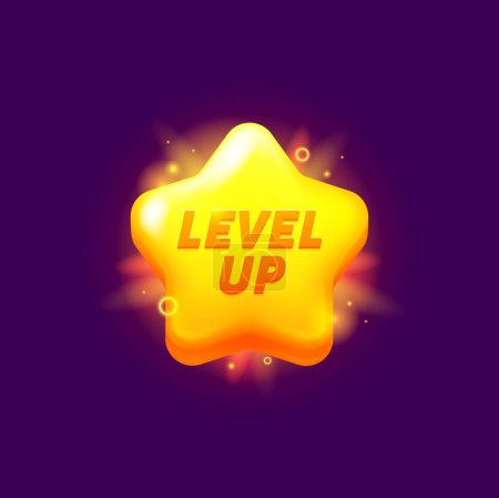 Illustration for Game level up reward, star rate icon or golden badge, vector GUI rank. Game level up golden star reward with shine for next level achievement, bonus award or winner trophy, cartoon game popup asset - Royalty Free Image