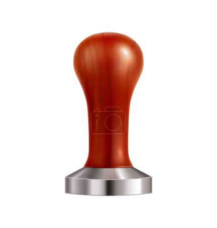 Illustration for Realistic coffee tamper. Coffeeshop professional barista equipment or 3d realistic vector accessory for coffee powder taming. Isolated metallic tamper tool with wooden handle - Royalty Free Image