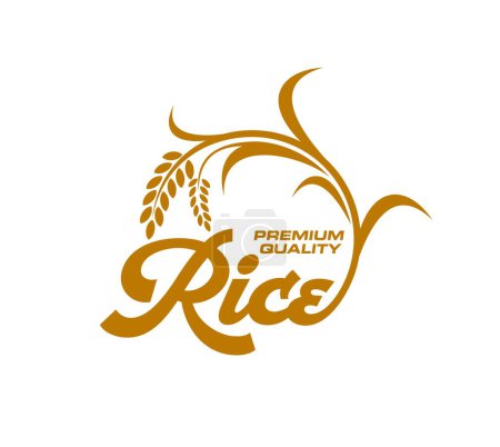 Ilustración de Icono de arroz, alimentos naturales orgánicos y etiqueta del paquete, vector bio símbolo del producto. Signo de calidad premium de cereales naturales o oreja de arroz y silueta marrón del tallo para la tienda de alimentos agrícolas o el embalaje de arroz - Imagen libre de derechos