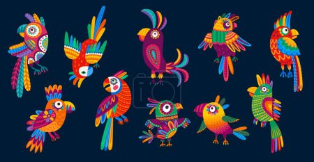 Illustration for Cartoon Mexican and Brazilian parrots, kids funny bird characters, vector ornament pattern. Mexico or Brazil parrot birds with folk ethnic ornament or Latin alebrije art in colorful tropical birds - Royalty Free Image