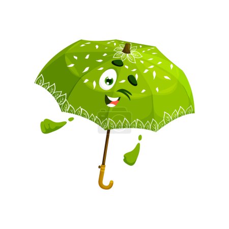 Illustration for Cartoon green umbrella character. Vector funny parasol wink eye. Cute open brolly with happy laughing face. Accessory for rainy weather, wtaerproof protection at autumn season isolated imbel emoticon - Royalty Free Image