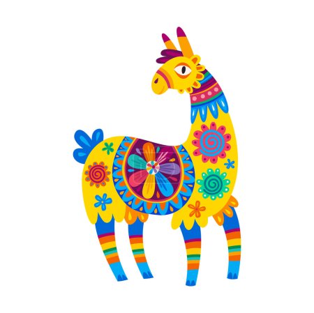 Ilustración de Divertida alpaca verde, personaje de dibujos animados llama con accesorios de diseño étnico. Vector sonriente llama con grandes ojos, personaje animal peruano o mexicano - Imagen libre de derechos