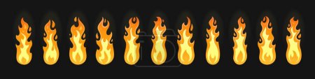 Ilustración de Dibujos animados fuego llama sprite animación, hoguera o quemadura de la antorcha, efecto de bucle vectorial. Fuego ardiente animado, marco de hoja de sprite para juego, fuego de vela o bola de fuego y animación de llamas de fogata o chimenea - Imagen libre de derechos