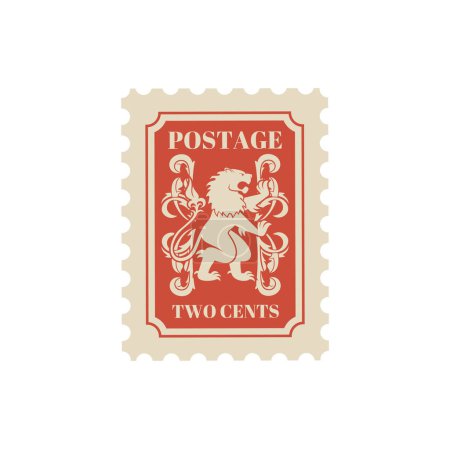 Illustration for Antique postcard, retro postage stamp and vintage mail with heraldry lion. Historic postal stamp, philately antique postmark, letter or correspondence vector sticker. Old postmark with heraldic animal - Royalty Free Image