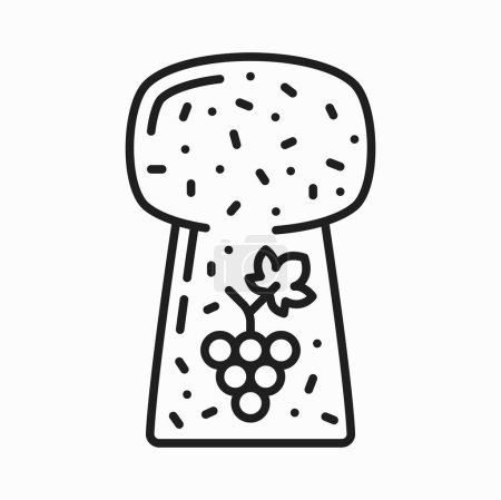 Illustration for Wine cork with grape branch print outline icon. Vector wooden cork for champagne or wine winery drink, alcohol beverage cork with grape - Royalty Free Image