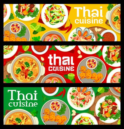 Illustration for Thai cuisine restaurant food banners. Salad with soybean sprouts and fish soup, beef and vegetable stir fry, seafood shrimp, vegetable and fruit salads, battered prawns, Panang curry - Royalty Free Image