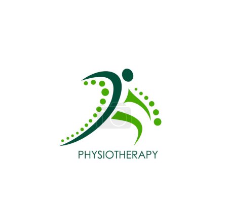 Illustration for Physiotherapy icon, vector emblem with green healthy human body shape and points. Skeleton and muscle health, rehabilitation, osteopathy or massage clinic symbol, isolated label for medical service - Royalty Free Image