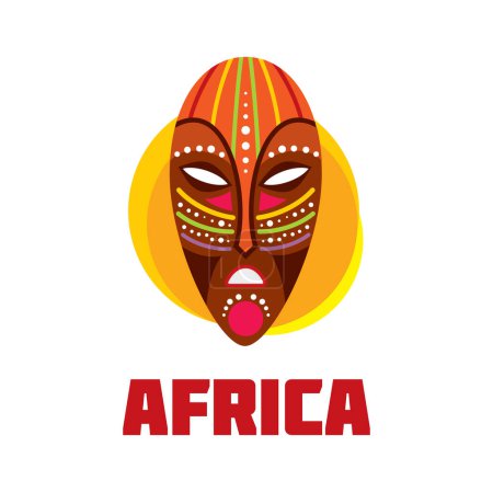 Illustration for Africa icon with african mask and ethnic pattern. Vector Africa safari travel, tribal art, ancient craft and culture symbol of ritual mask, brown wood totem with aboriginal geometric ornament - Royalty Free Image