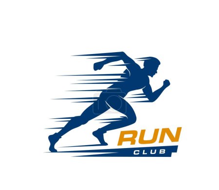 Illustration for Marathon run sport icon with runner athlete vector silhouette. Running man symbol of run sport club, jogging, running race or sprint competition. Marathon challenge isolated blue badge - Royalty Free Image