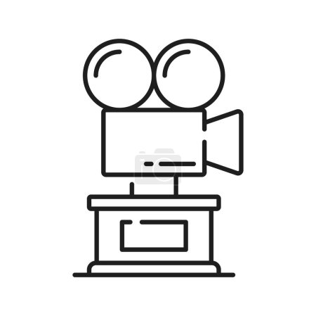 Illustration for Cinema award, retro camera trophy line icon, best actor or actress vector prize. Movie and cinematography victory ceremony award for best film or movie, vintage camera projector on pedestal line icon - Royalty Free Image