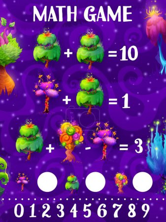 Ilustración de Matemáticas hoja de trabajo del juego, dibujos animados fantásticos árboles mágicos y plantas, vector de preguntas para niños. La actividad educativa y el rompecabezas de matemáticas para el recuento de números y el cálculo, la hoja de trabajo del juego de matemáticas tiene tarea de conteo - Imagen libre de derechos