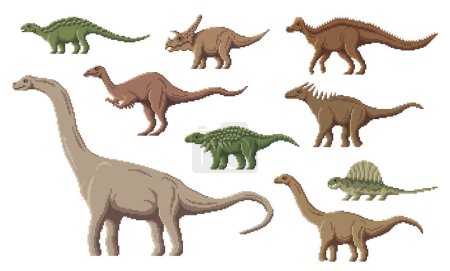 Illustration for Pixel dinosaur characters. 8 bit pixel art game dino animals. Deinocheirus, Amargasaurus, Nodosaurus and Titanosaurus, Panoplosaurus, Hypacrosaurus Jurassic prehistoric reptile, pixel vector dinosaur - Royalty Free Image