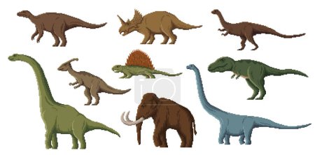 Illustration for Pixel dinosaur characters. 8 bit arcade game assert, pixel art dino animals. Parasaurolophus, Brachiosaurus, Iguanodon and Centrosaurus, Dimetrodon, Plateosaurus vector pixel dinosaur, ancient reptile - Royalty Free Image