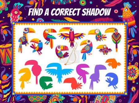 Téléchargez les illustrations : Trouvez une ombre correcte de toucans mexicains et brésiliens. Fiche de développement mental pour enfants, quiz assorti avec les oiseaux tropicaux dans le style alebrije. Activité logique pour les enfants, tâche éducative préscolaire - en licence libre de droit