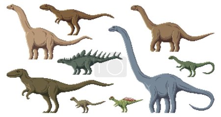Illustration for Pixel dinosaur characters. 8 bit pixel art game dino animals. Anchisaurus, Barapasaurus, Wannanosaurus and Hypselosaurus, Kentrosaurus, Zephyrosaurus Jurassic era reptiles or pixel vector dinosaurs - Royalty Free Image