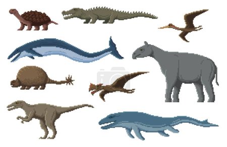 Illustration for Pixel dinosaur characters. 8 bit pixel art game dino animals. Basilosaurus, Baryonyx, Mosasaurus and Carbonemys, Sarcosuchus, Doedicur pixel vector land and sea dinosaurs, prehistoric reptile animals - Royalty Free Image