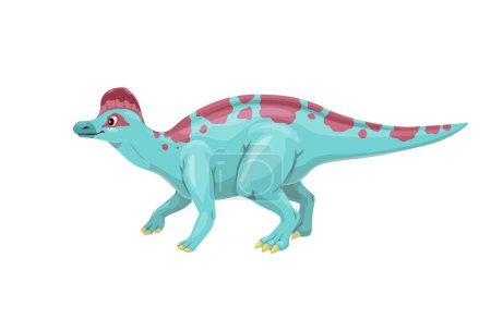 Illustration for Cartoon corythosaurus dinosaur character. Isolated vector duck-billed herbivorous dino that lived in North America during the Cretaceous Period. Wildlife ancient animal with crest and long tail - Royalty Free Image