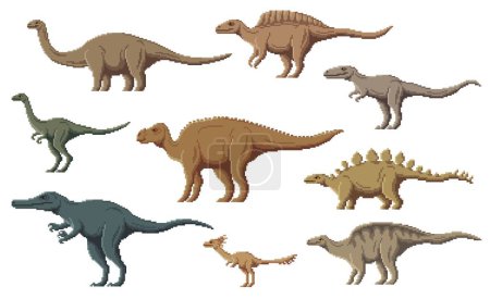 Illustration for Pixel dinosaur characters. 8 bit pixel art game dino animals. Ouranosaurus, Probactrosaurus, Suchomimus and Alectrosaurus, Alvarezsaurus, Aralosaurus prehistoric reptiles, vector pixel dinosaurs - Royalty Free Image