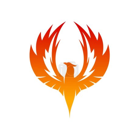 Phönix Vogel erhebt Flügel mit Feuerflammen und brennenden Federn. Vektorsilhouette des fliegenden Fenix oder Phönix. Flammender Feuervogel, abstrakter Adler oder Falke Wappentier mit Fantasie Fabeltier