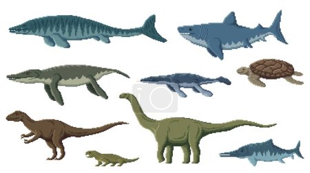 Ilustración de Personajes de dinosaurios Pixel. Juegos de arte de 8 bits pixel dino animales. Allosaurus, Vulcanodon, Hyperodapedon and Ophthalmosaurus, Tylosaurus, Archelon pixel vector reptile, aquatic dinosaur or extinct animal - Imagen libre de derechos