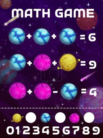 Illustration for Math game worksheet, cartoon space planets and stars, vector mathematics quiz puzzle. Kids calculation skills training worksheet or math game for numbers addition and subtraction in equations - Royalty Free Image