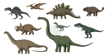 Illustration for Pixel dinosaur characters. 8 bit game asset, pixel art dino animals. Brontosaurus, Tyrannosaurus, Velociraptor and Pteranodon, Diplodocus, Stegosaurus extinct reptile, vector pixelated dinosaurs - Royalty Free Image