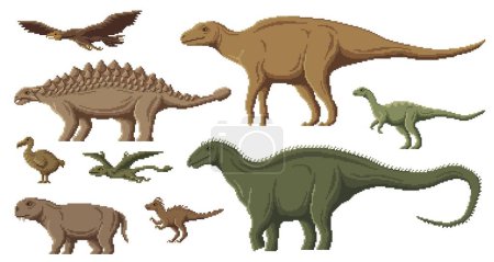 Illustration for Pixel dinosaur characters. 8 bit pixel art game dino animals. Dimorphodon, Dodo, Pegomastax, Dicraeosaurus and Hypsilophodon, Lystrosaurus extinct prehistoric animals and birds, pixel vector dinosaurs - Royalty Free Image