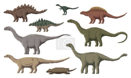 Illustration for Pixel dinosaur characters. 8 bit pixel art game dino animals. Eoraptor, Henodus, Lotosaurus and Melanorosaurus, Shunosaurus, Haplocanthosaurus Jurassic vector pixel dinosaur, paleontology reptile set - Royalty Free Image
