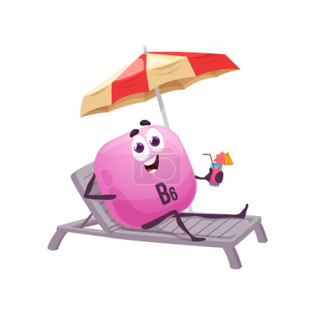 Illustration for Cartoon vitamin B6 sunbathing on beach. Vector pyridoxine capsule character lying on deck chair holding refreshing cocktail. Isolated cheerful nutrient personage rest on vacation under beach umbrella - Royalty Free Image