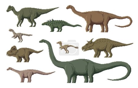 Illustration for Pixel dinosaur characters. 8 bit pixel art game dino animals. Jaxartosaurus, Garudimimus, Elmisaurus and Magyarosaurus, Opisthocoelicaudia, Pachyrhinosaurus pixel extinct reptile, vector dinosaurs - Royalty Free Image