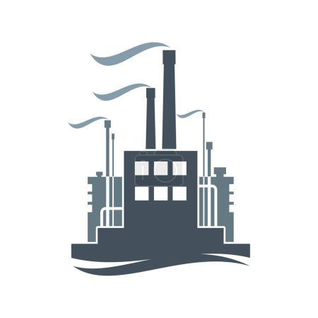 Illustration for Factory icon, power plant industrial building with chimney smoke, vector symbol. Energy industry factory symbol, chemical refinery, oil gas pipeline plant, coal mine or metallurgy manufacture factory - Royalty Free Image