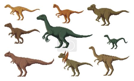 Illustration for Pixel dinosaur characters. 8 bit pixel art game dino animals. Gallimimus, Therizinosaurus, Troodon and Oviraptor, Compsognathus, Pachycephalosaurus vector pixel dinosaur, extinct reptile animal - Royalty Free Image