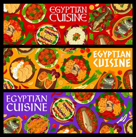 Illustration for Egyptian cuisine food banners. Rice and noodles, fried swordfish with vegetables and stuffed mackerel, fish kebab, fish with sesame paste and sardine patties, baked bass and trout, mackerel with dates - Royalty Free Image