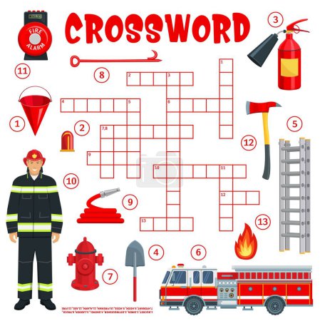 Illustration for Firefighter and firefighting equipment crossword grid worksheet. Find a word quiz game. Cartoon vector grid with extinguisher, bucket, shovel, ladder and truck. Hydrant, hose, fireman, alarm and axe - Royalty Free Image