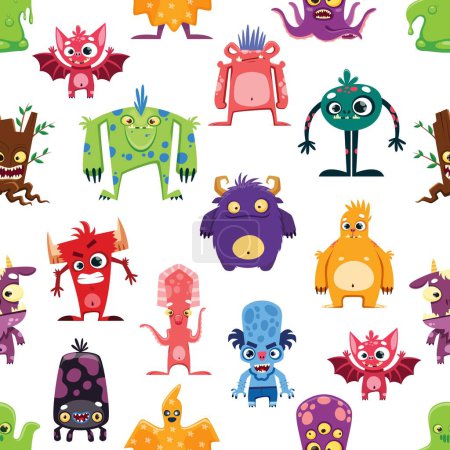 Ilustración de Dibujos animados personajes monstruo patrón sin costuras, vector de fondo con animales alienígenas divertidos lindo. Niños criaturas monstruo de dibujos animados, bestias sonrientes y mutantes extraños con patrón de troll, yeti y goblins - Imagen libre de derechos