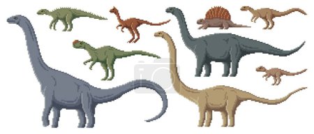 Téléchargez les illustrations : Caractères de dinosaure pixel. Jeu de pixel art 8 bits animaux dino. Dryosaurus, Edaphosaurus, Cetiosaurus et Scutellosaurus, Paralititan, Mamenchisaurus reptile préhistorique éteint ou dinosaure vecteur de pixels - en licence libre de droit