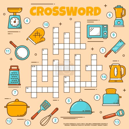 Illustration for Kitchenware and utensil crossword grid worksheet. Find a word quiz game. Vector knife, whisk, spatula, scales and cloche. Blender, grater or toaster, microwave, mitten, pan, pot, opener and kettle - Royalty Free Image