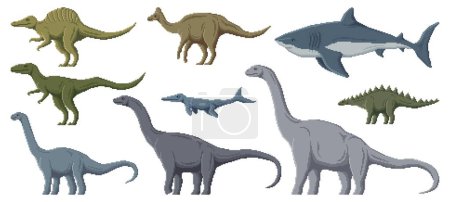 Illustration for Pixel dinosaur characters. 8 bit pixel art game dino animals. Kotasaurus, Lexovisaurus, Aragosaurus and Neovenator, Amurosaurus, Aegyptosaurus Jurassic era land and underwater pixel vector dinosaurs - Royalty Free Image