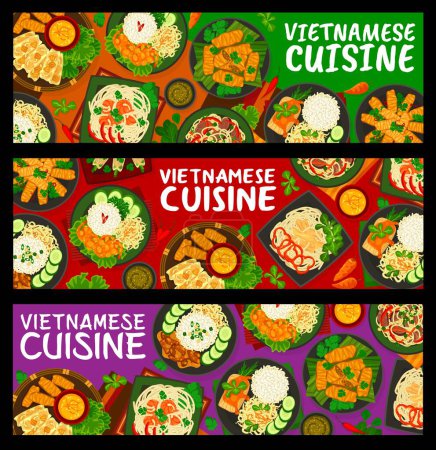 Illustration for Vietnamese cuisine meals horizontal banners. Beef and chicken rice noodles, caramelized pork and fish in tomato sauce, wheat noodles with prawns and rice with shrimps, pork and beef spring rolls - Royalty Free Image
