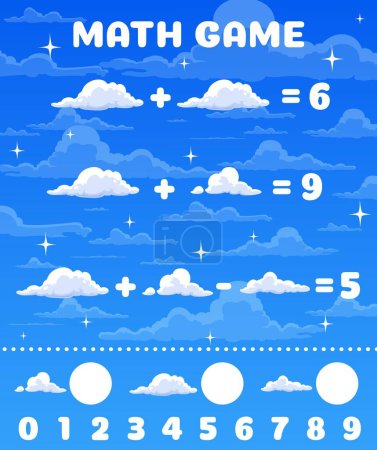 Illustration for Cartoon clouds on blue sky math game worksheet. Vector mathematics riddle for children education and learning arithmetic equations. Development of calculation skills, puzzle task to learn counting - Royalty Free Image
