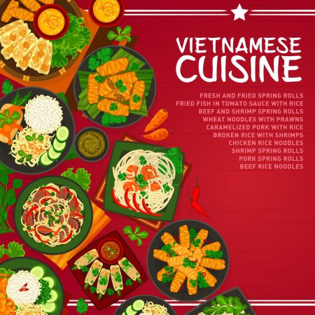 Illustration for Vietnamese cuisine menu cover. Caramelized pork, shrimp, fried pork and beef spring rolls, wheat noodles with prawns, fried fish in tomato sauce and broken rice with shrimps, beef, chicken noodles - Royalty Free Image