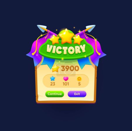 Illustration for Game victory sign or banner and popup window with scores and rankings, vector GUI menu. Arcade video game award pop up screen with stars, golden coin rewards and heart props with gamer app buttons - Royalty Free Image
