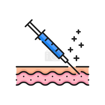 Illustration for Skin care injection, dermatology line icon. Aesthetic injectables, face skin lifting, anti aging procedure or treatment outline vector sign. Mesotherapy, neurotoxin injection pictogram with syringe - Royalty Free Image
