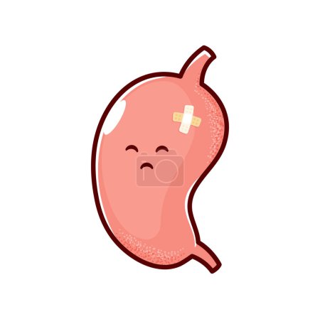 Illustration for Cartoon sick stomach organ character. Sad unhealthy organ vector personage of human digestive system. Stomach pain, ache or gastritis disease emoticon with pink injured body, sickly face and plaster - Royalty Free Image