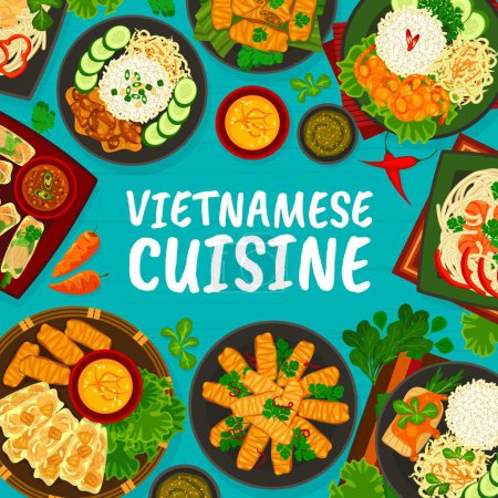 Illustration for Vietnamese cuisine restaurant menu template. Fish in tomato sauce, rice with shrimps and wheat noodles with prawns, caramelized pork, beef and chicken rice noodles, shrimp, pork and beef spring rolls - Royalty Free Image
