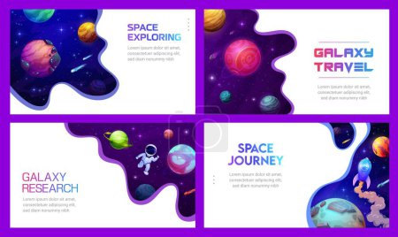 Illustration for Space landing pages, paper cut starry galaxy, astronaut and spaceship, vector backgrounds. Cartoon spacecraft rocket in galaxy universe, space journey and cosmic exploration landing page templates - Royalty Free Image